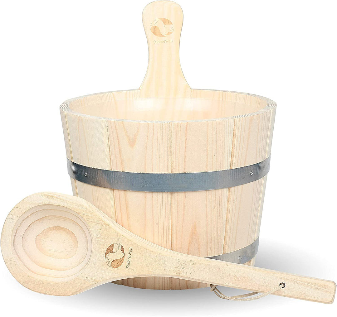 SudoreWell® Saunakübel Set 3tlg. - Saunakübel aus Nadelholz 5.0 Liter mit Einsatz und Saunakelle 3 S