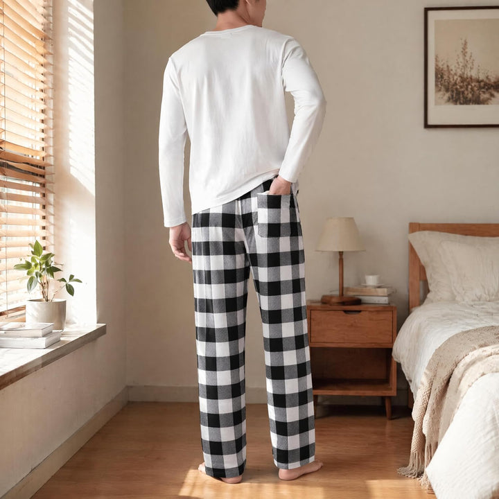 Herren 100% Baumwolle Flanell Bequeme Pyjama/Lounge Bottoms mit Taschen XL Black White Check, XL Bla