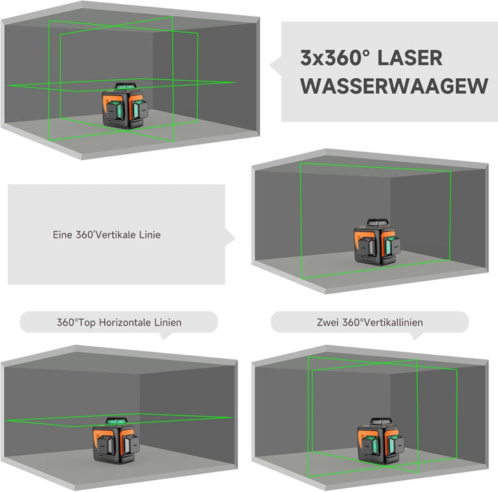Kreuzlinienlaser Grün 3x360°, DOVOH 3D Linienlaser kreuzlaser nivelliergerät selbstnivellierend, 12