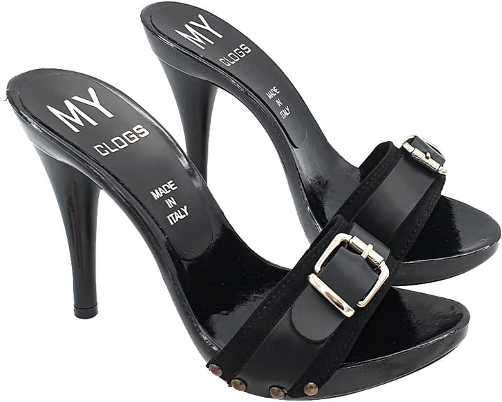 Schwarze CLOGS mit Riemen und Absatz 12 - MY7544 NERO (42 EU, SCHWARZ) 42 EU Schwarz, 42 EU Schwarz