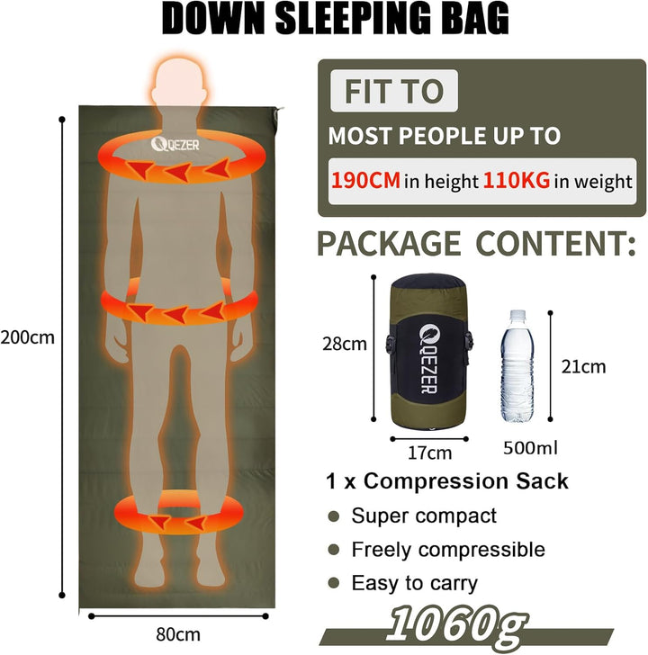 QEZER Daunenschlafsack Ultraleicht Deckenschlafsack kleines Packmass für Camping und Trekking 3~4 Ja