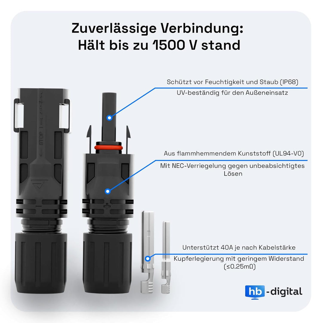 hb-digital Solarkabel Verlängerung 4mm²/6mm² PV Kabel Solar Verlängerungskabel mit Steckern und Buch
