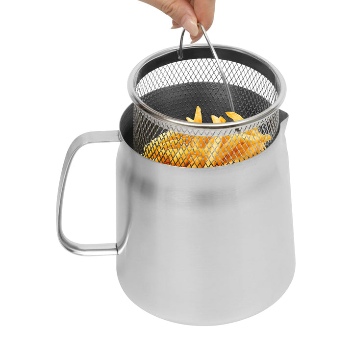 2 L Friteuse mit Siebkorb &amp; Ölsieb - Frittiertopf aus 304 Edelstahl, Kleine Friteuse für Tempura Pom
