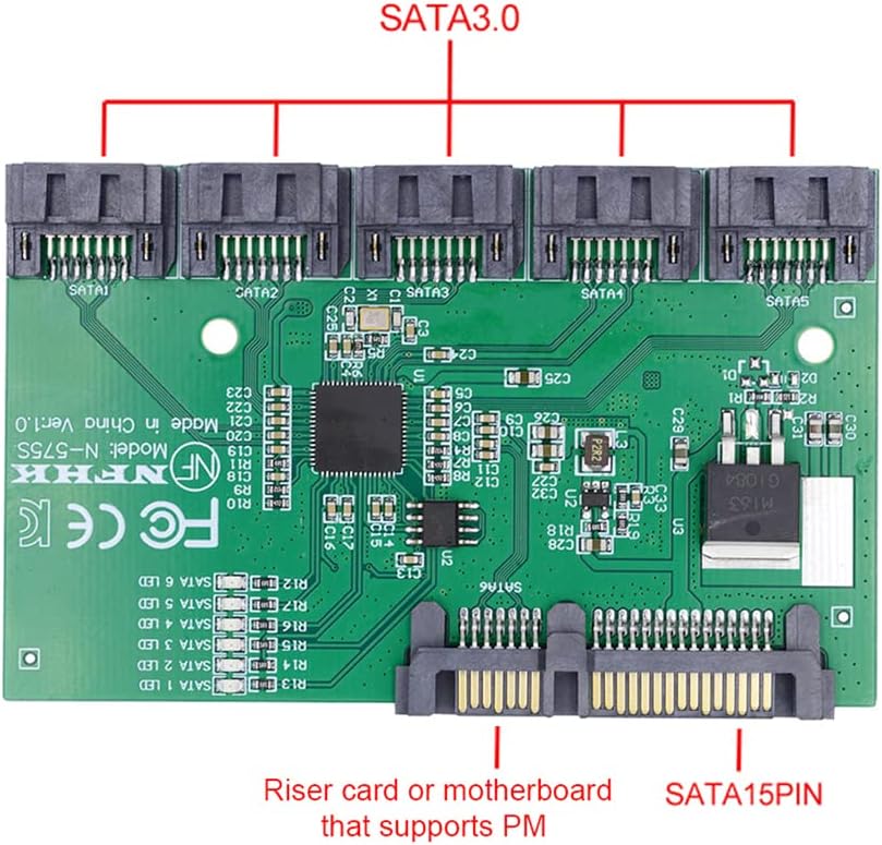 NFHK SATA 3.0 6Gbps 1 bis 5 Splitter Ports HUB Adapter Konverter PM Multiplier Port Selector JMB575