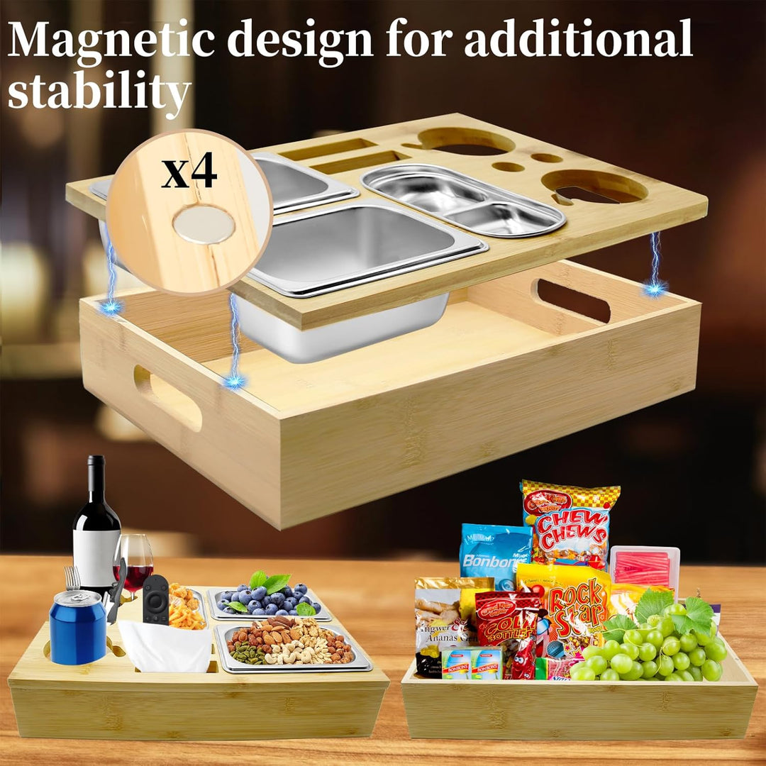 Couchbar Snackbox mit Geschenkbox, Holz Couch Bar, Couch Tablett Mit Snackschalen Aus Edelstahl, Get