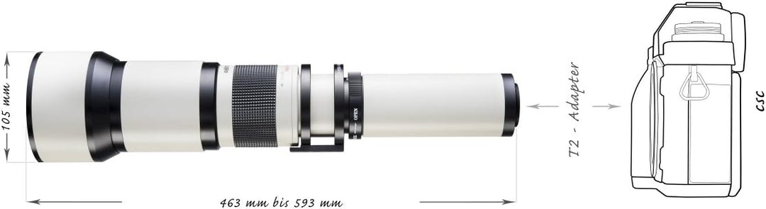 Walimex Pro 650-1300mm 1:8-16 DSLR-Teleobjektiv für T2 Objektivbajonett weiss (manueller Fokus, für