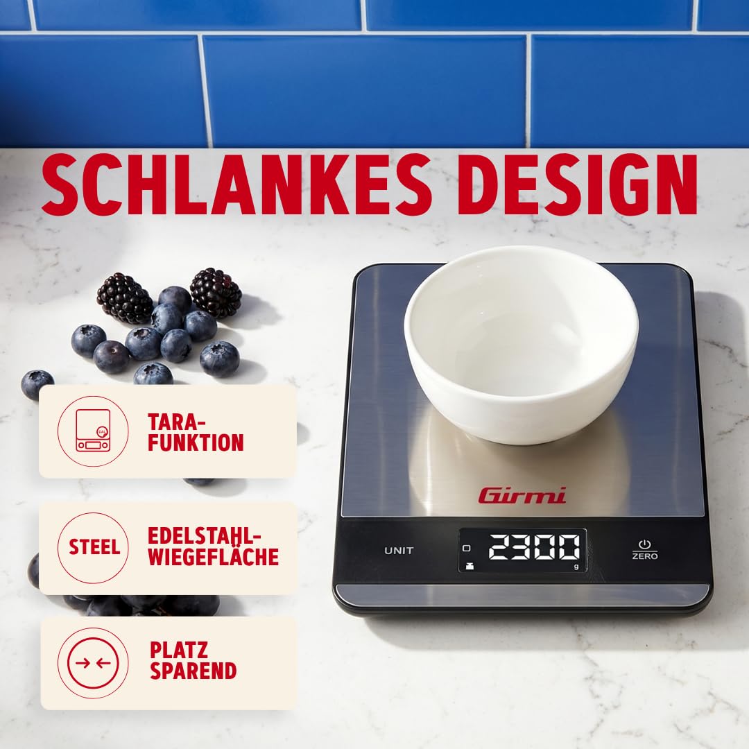 Girmi PS05 Elektronische Küchenwaage, 1 g/5 kg, Platte aus Edelstahl, Display mit hoher Helligkeit,