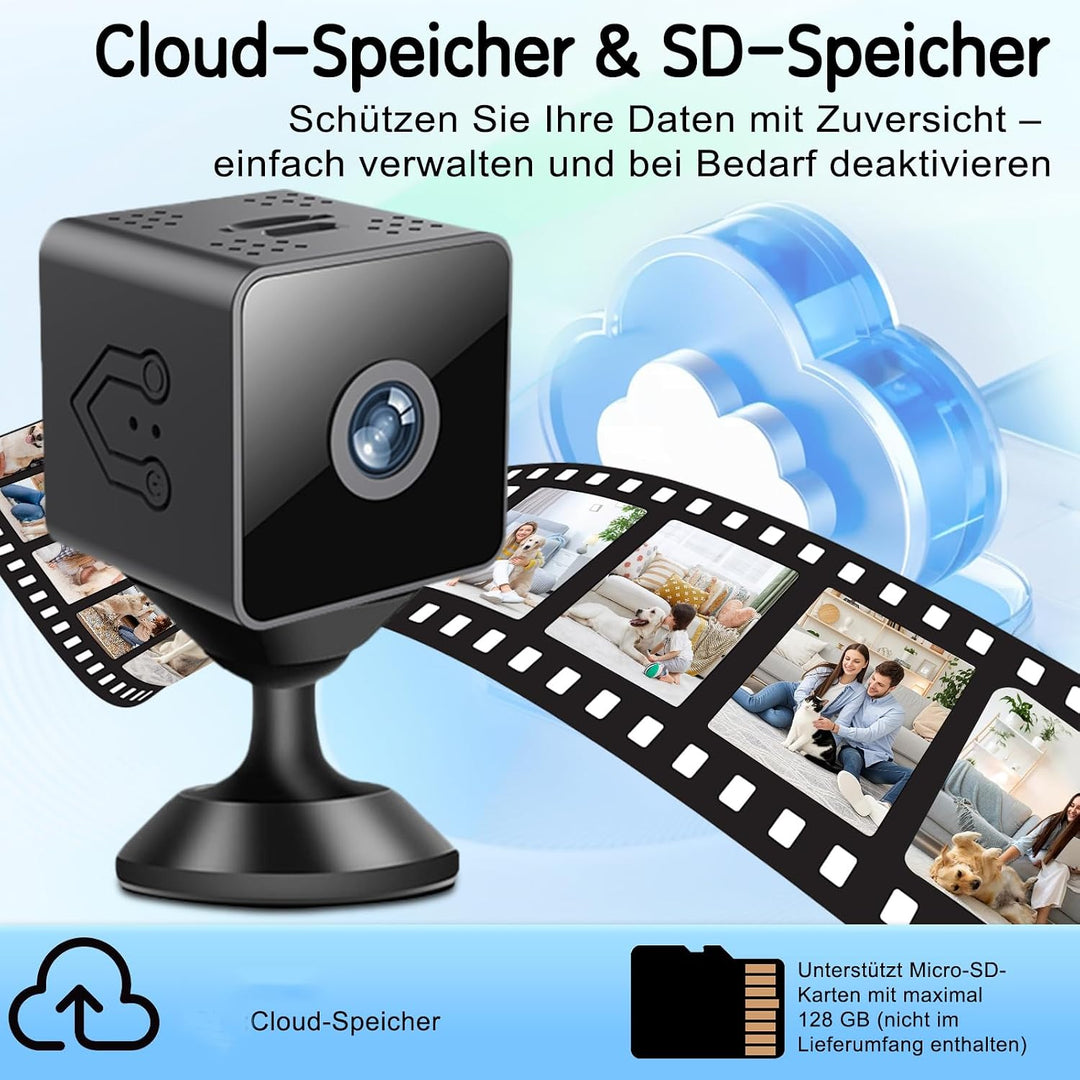 Mini Kamera, 2,4/5GHz WLAN-Überwachungskamera Innen, Bewegungsmelder,Nachtsicht SD/Cloud-Speicher/La