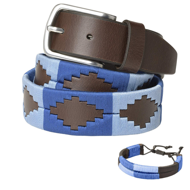 PELPE Argentinischer Ledergürtel mit passender Schnur und Lederarmband. Auf Leder gestickter Gürtel