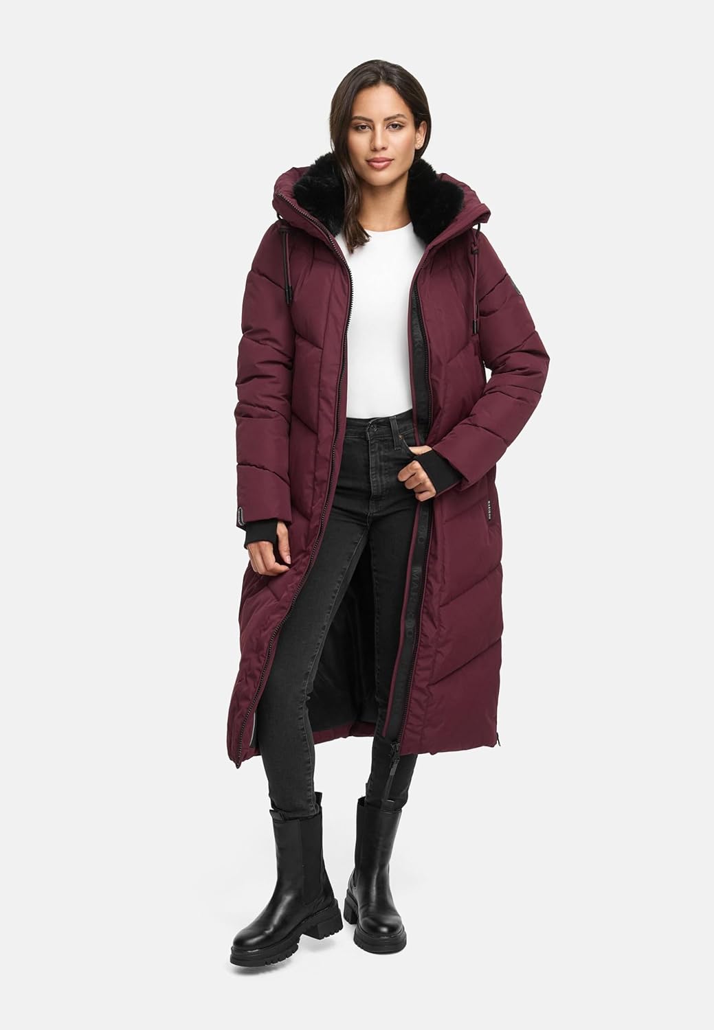 MARIKOO Damen Wintermantel warmer Steppmantel lang mit verstellbarer Kapuze und hohem Kragen Nadaree