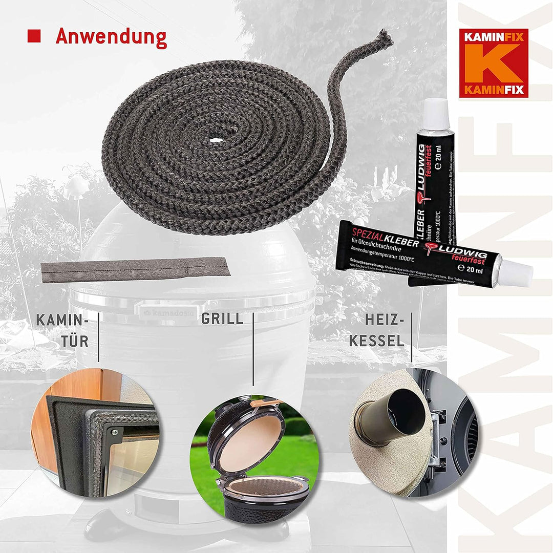 Ofendichtschnur inkl. Kleber, Kaminreparaturset in der Grösse: 10mm Glasgewebe 10mm