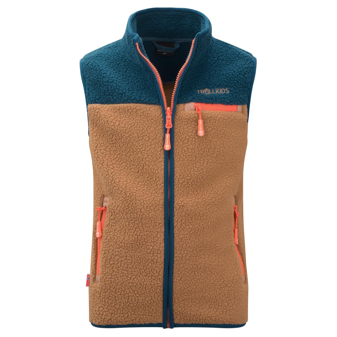 Trollkids Kinder Fleeceweste Hemsedal, 164 Almond/Madeira Blue/Deep Orange