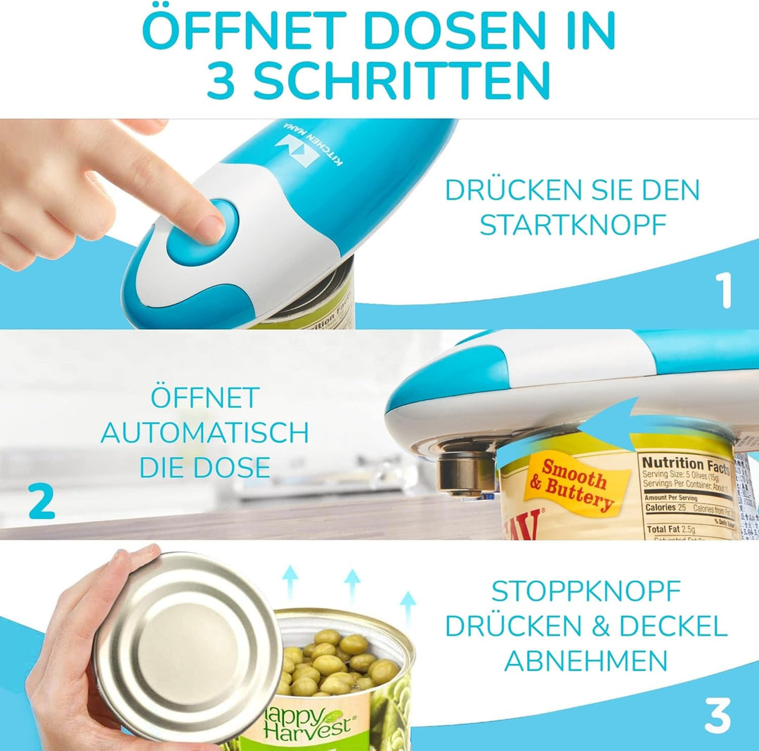 Kitchen Mama Elektrischer Dosenöffner - Konservenöffner mit Start &amp; Stopp Funktion, glatte Kanten, e