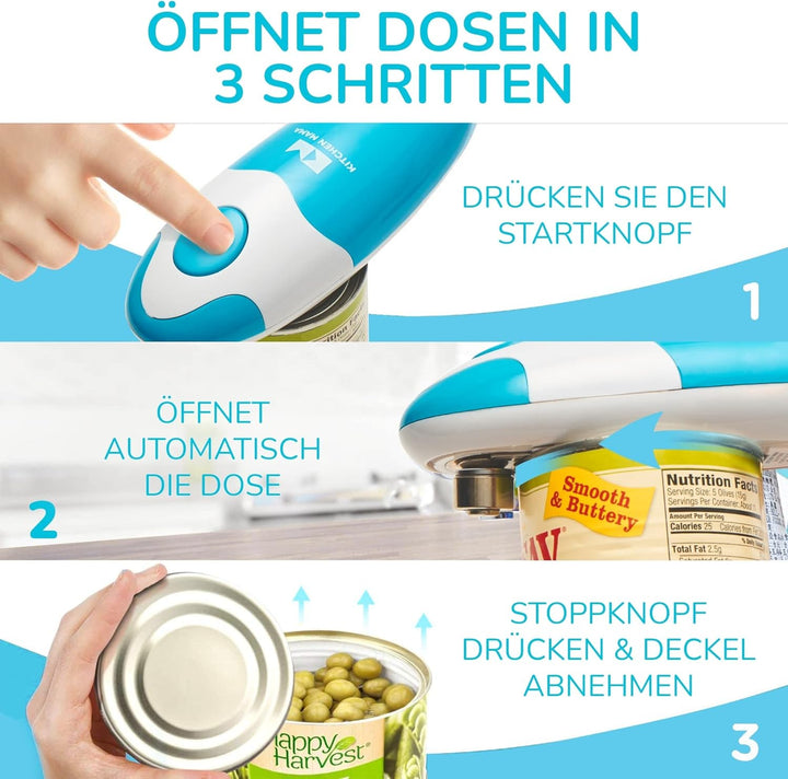 Kitchen Mama Elektrischer Dosenöffner - Konservenöffner mit Start &amp; Stopp Funktion, glatte Kanten, e