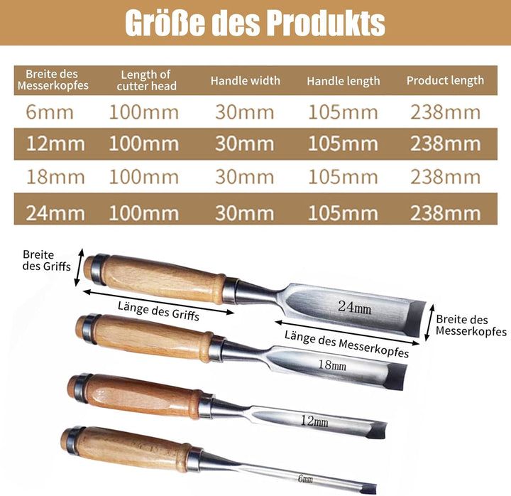 4 Stück Holz Meissel Set, Stechbeitel Rund Gebogen Hohlbeitel Werkzeuge Set, CR-V Stahl halbkreisför
