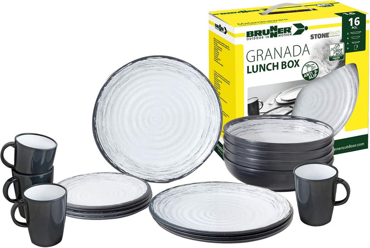 BRUNNER Melamin ESS Geschirr Set Lunch Box 16-teilig Camping Reise Teller Becher Stonetouch Granada,