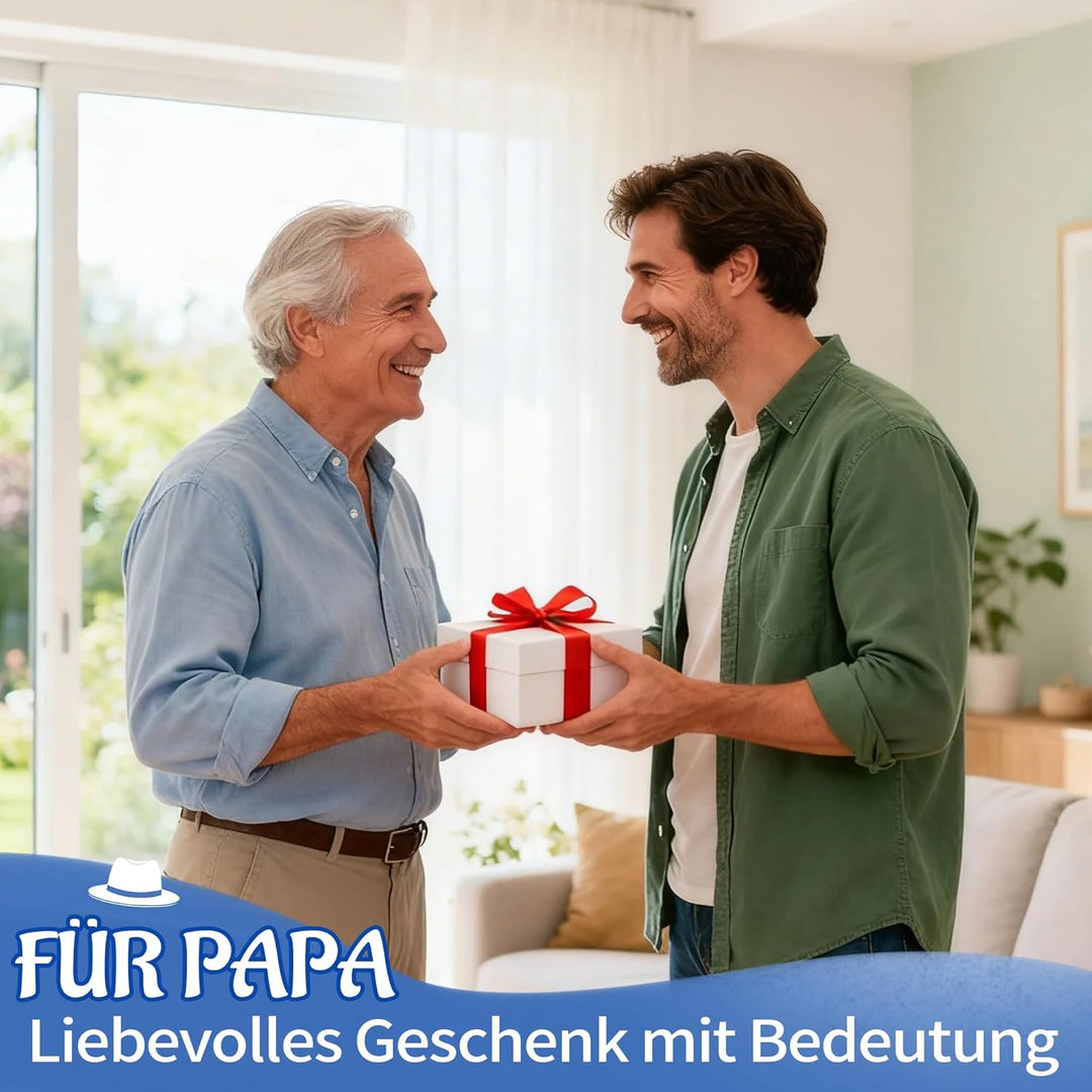 PAPA Geschenk – Holz-Servierbrett, Untersetzer, Edelstahl-Löffel, Schlüsselanhänger & Grusskarte | L