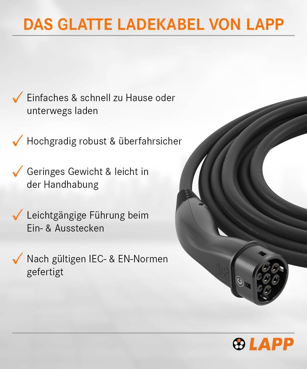 Lapp Mobility Typ 2 Ladekabel 11 KW/Glatt / 20 A / 3-Phasig/E-Auto Ladekabel/Mode 3 / 5m 5 Meter Sch