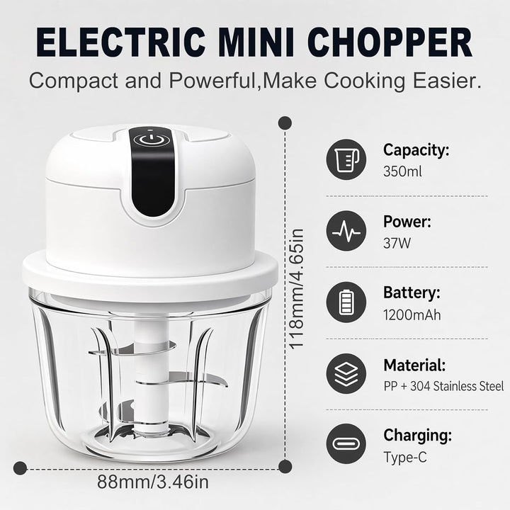 350 ml Elektrischer Küchenzerkleinerer,Knoblauch Zerkleinerer, USB-Aufladung, Gemüsezerkleinerer, El