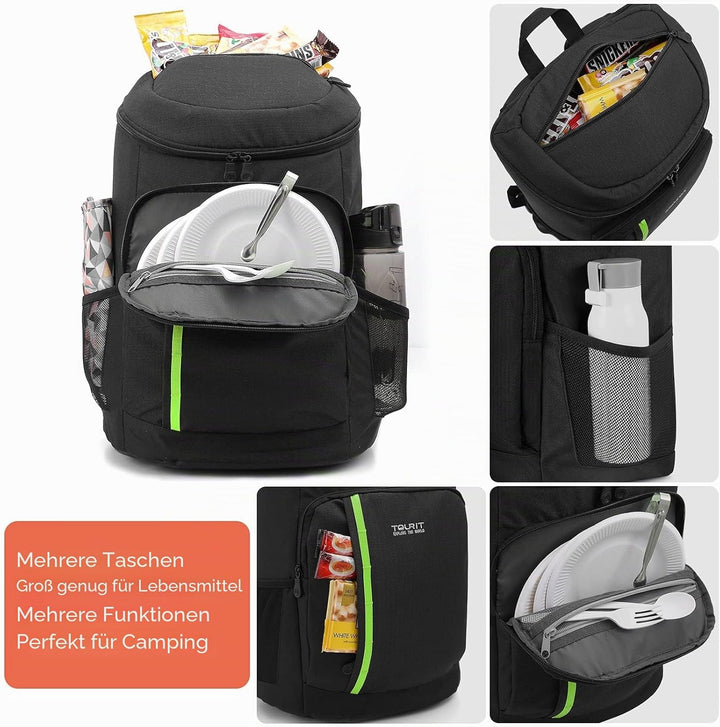 TOURIT 28L Kühler Rucksack Leichter Rucksack mit Flaschenöffner Hält 30 Dosen Schwarz