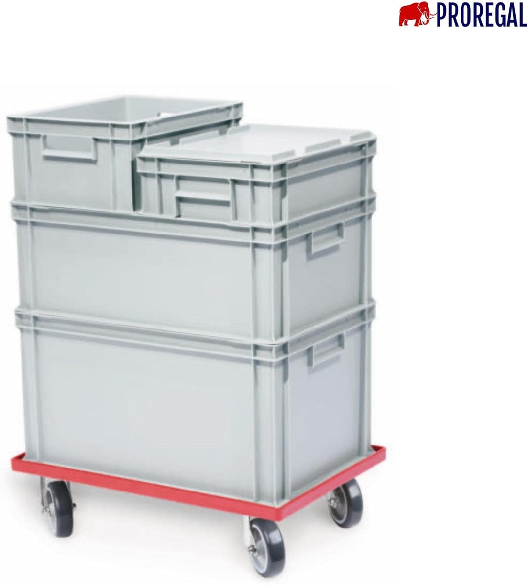 Transportroller für Euroboxen 60x40cm mit Kunststoffräder rot | Geschlossenes Deck | 4 Lenkrollen |