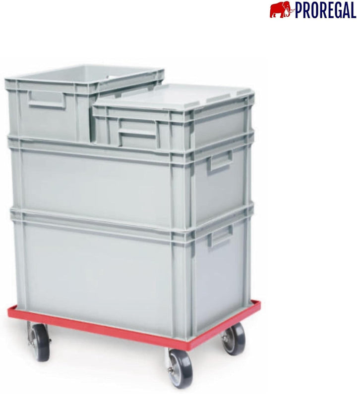 Transportroller für Euroboxen 60x40cm mit Kunststoffräder rot | Geschlossenes Deck | 4 Lenkrollen |