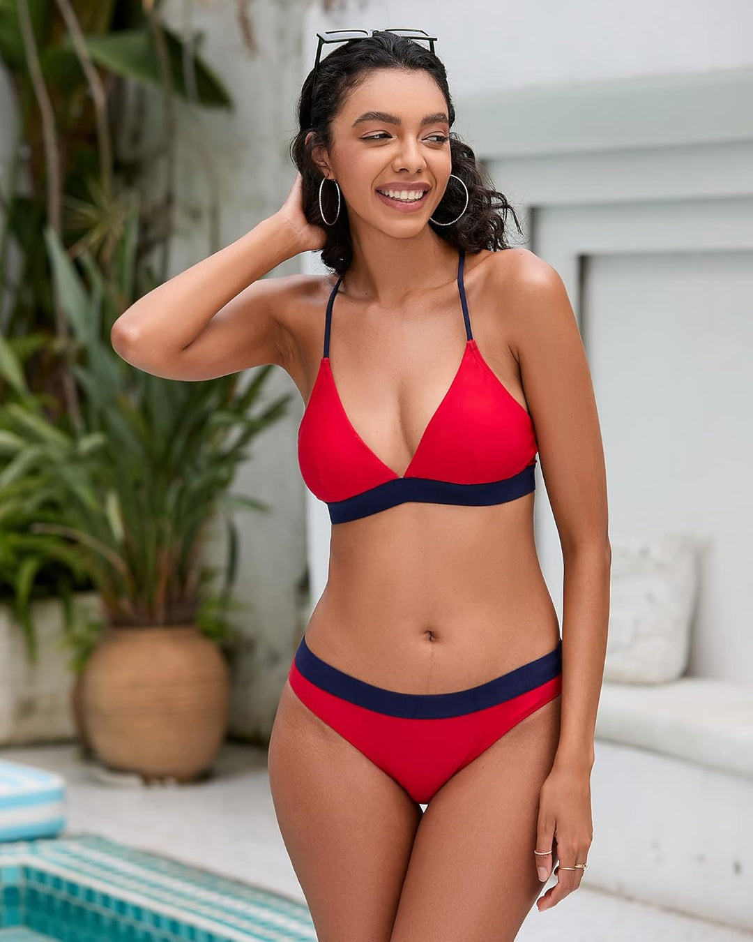 iSLASISIA Damen Bikini Set, Triangel, breites Unterbrustband, Bademode, Badeanzug 36 Rot + Blau, 36