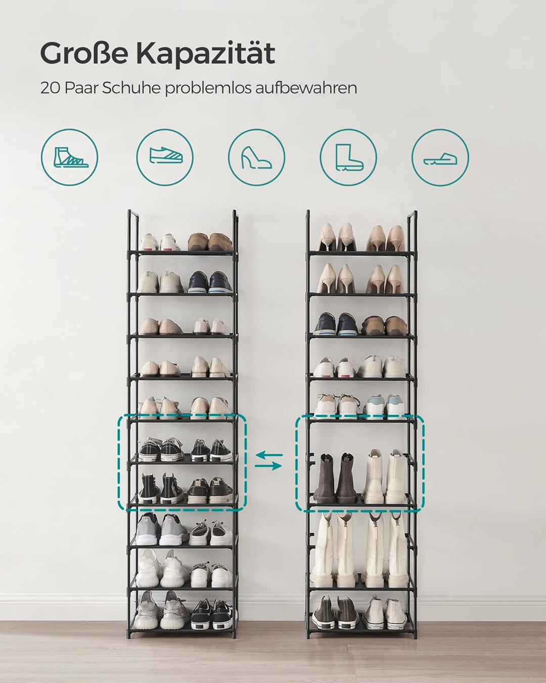 SONGMICS Schuhregal,10 Ebenen, Schuhablage, Schuhaufbewahrung, schmal, 28 x 45 x 173 cm, Metallgeste