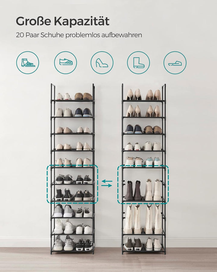 SONGMICS Schuhregal,10 Ebenen, Schuhablage, Schuhaufbewahrung, schmal, 28 x 45 x 173 cm, Metallgeste