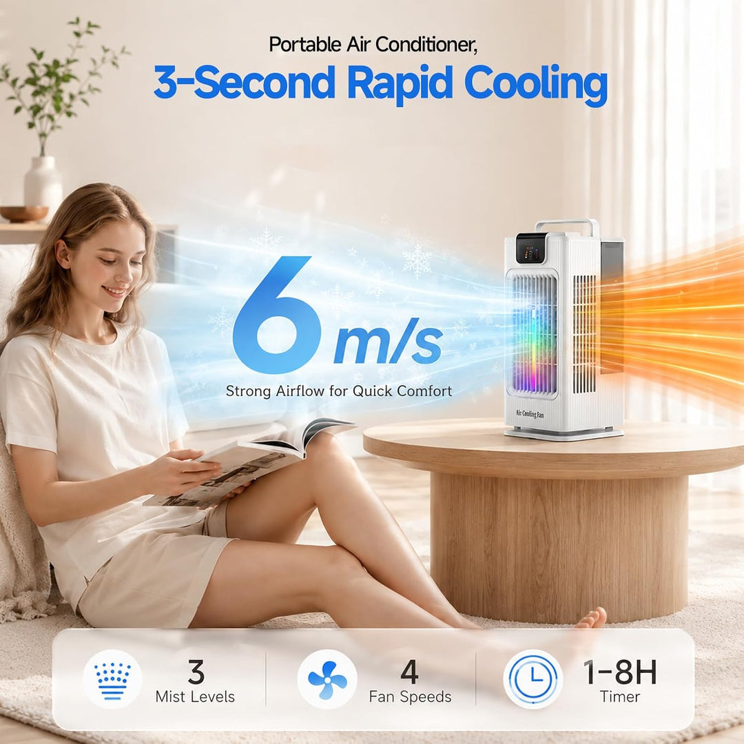 4-in-1 Verdunstungskühler Kühlventilator,Tragbarer Luftkühler mit Fernbedienung,120° Oszillation,4 S