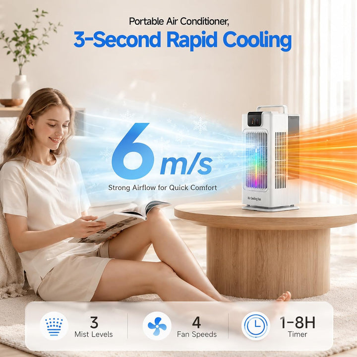 4-in-1 Verdunstungskühler Kühlventilator,Tragbarer Luftkühler mit Fernbedienung,120° Oszillation,4 S