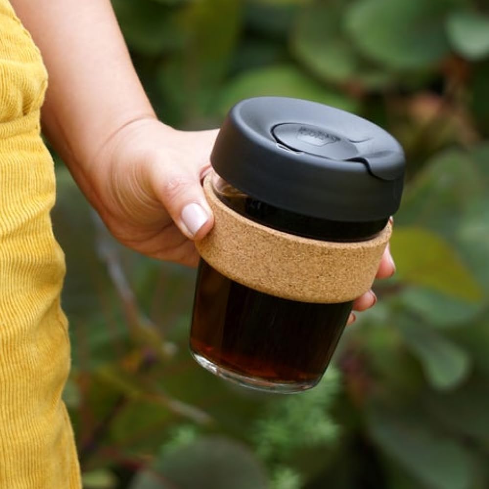 KeepCup Brew Cork, Mehrweg-Glasbecher, spritzwassergeschütz, Medium 12oz 340mls, Schwarz Medium 12oz