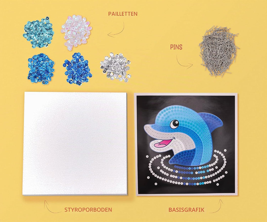 Kitfix - Sequin Art® 60 - Delfin - Paillettenbild für Kinder- 20 x 20cm - 60min Bastelprojekt - Bast