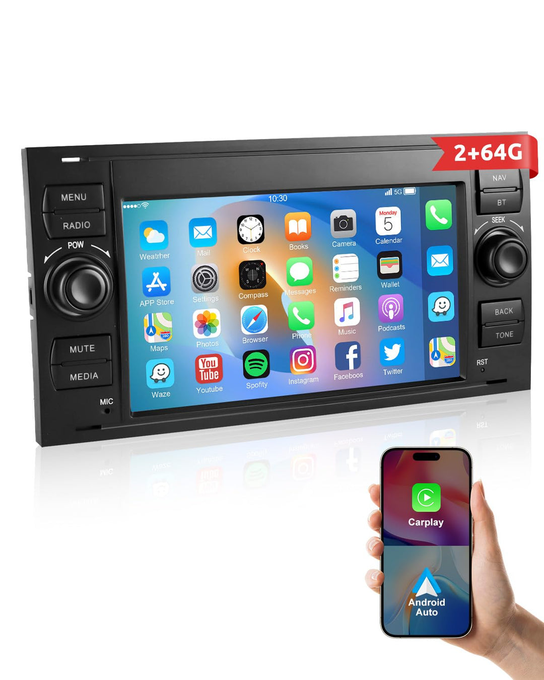 ESSGOO 2+64G Wireless Autoradio Android 14 Car Radio mit Carplay und Android Auto Für Ford Fiesta Ga