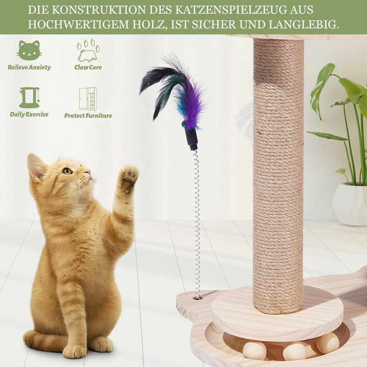 Kratzsäulen Katzen Interaktives Katzenspielzeug Aus Holz Spielzeug Katzenbaum mit Federn und Sitzsta