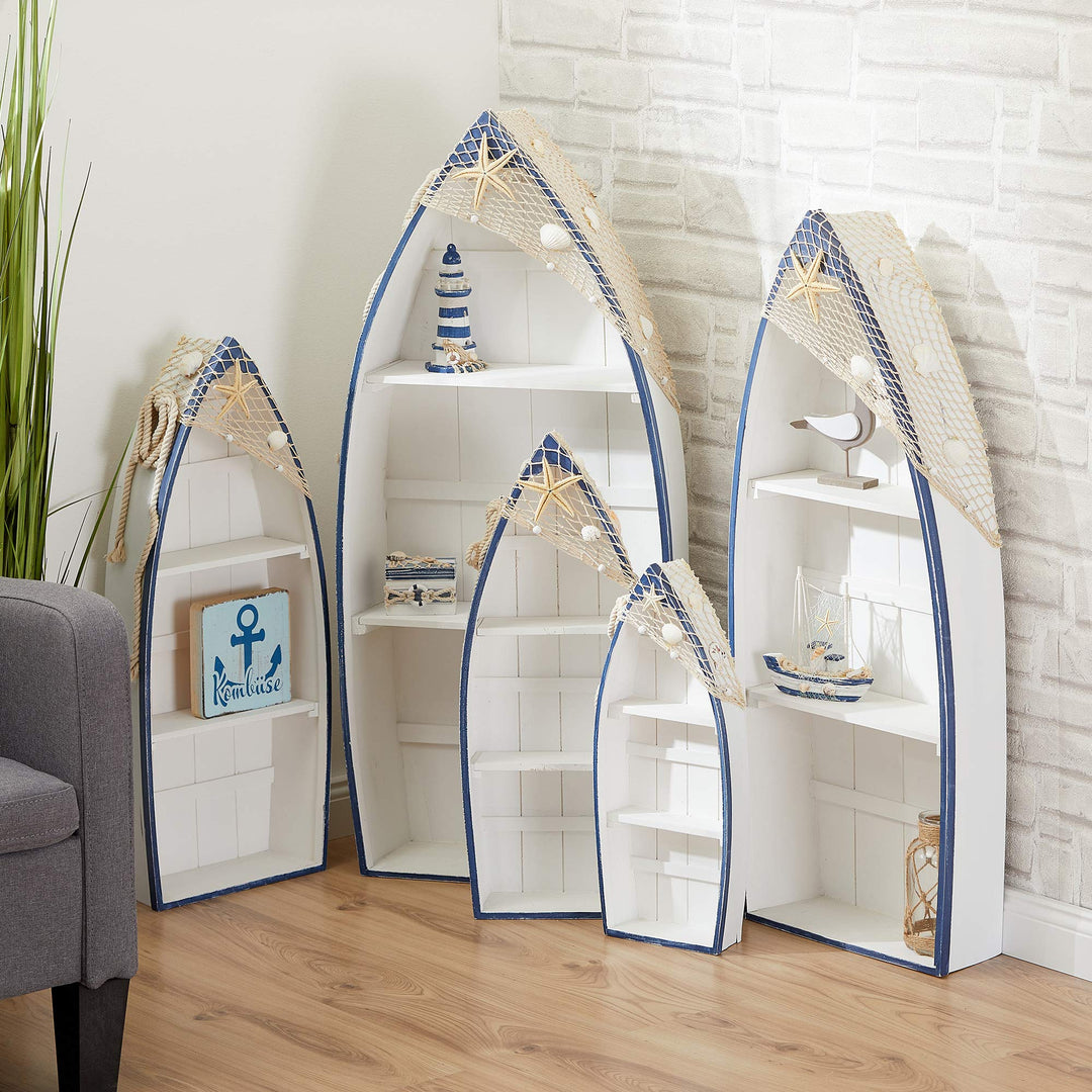 Cepewa 5er Set Regal Ruderboot Wohnzimmerregal weiss/blau inkl. Netz + Muscheln