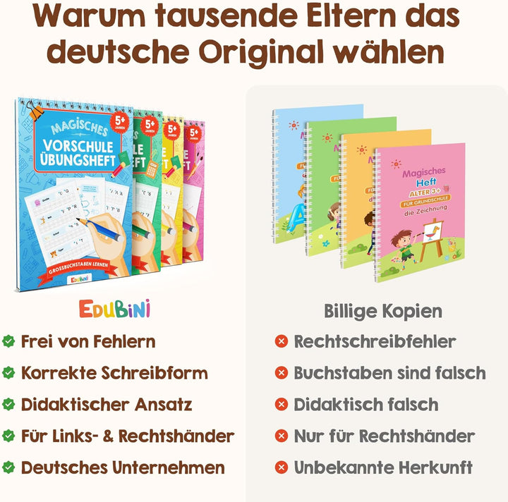 Magische Vorschule Übungshefte ab 5 Jahren für Junge & Mädchen - [6 HEFTE + STIFT] - Wiederverwendba