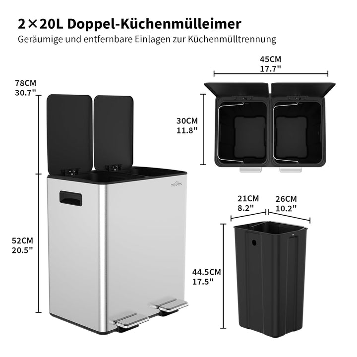 mVm Mülleimer Küche,40 Liter Treteimer,2x20L Doppelter Abfalleimer 2er-Mülleimer Mülltrennung mit In