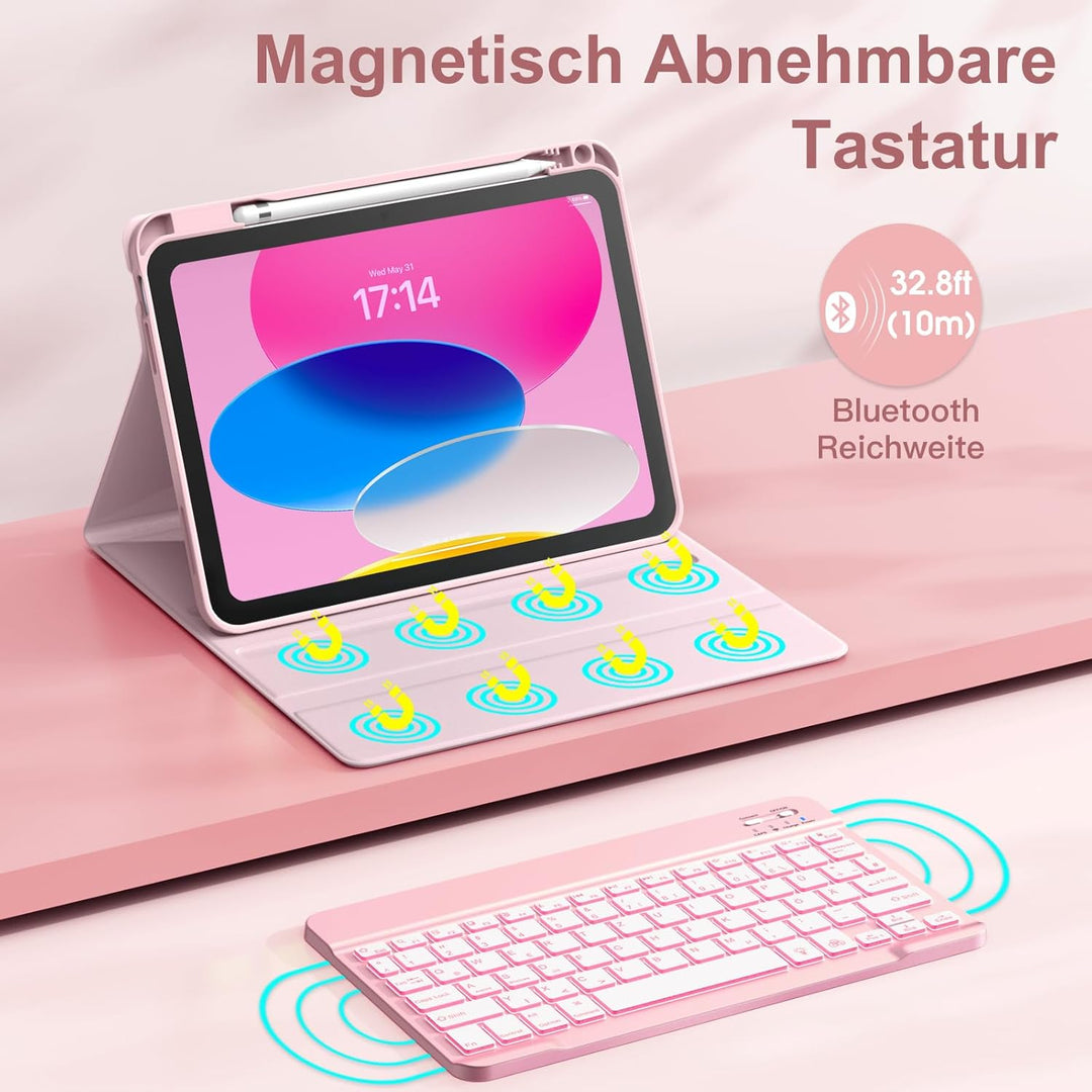 Vobafe Hülle mit Tastatur für iPad A16 11/10 Generation (2025/2022, 11/10.9 Zoll)- 7 Farben Beleucht