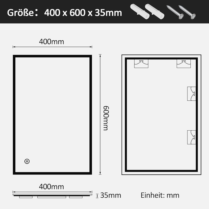 Boromal LED Badezimmerspiegel 40x60cm Badspiegel mit Beleuchtung Badezimmer Wandspiegel 3 Lichtfarbe