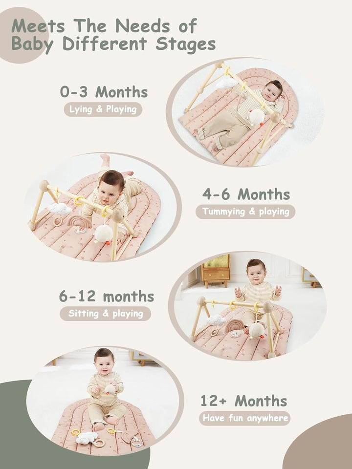 4 IN 1 Spielbogen Baby, Spielmatte Babies mit Natur Holz Activity Spielbogen, 3 abnehmbaren Spielzeu