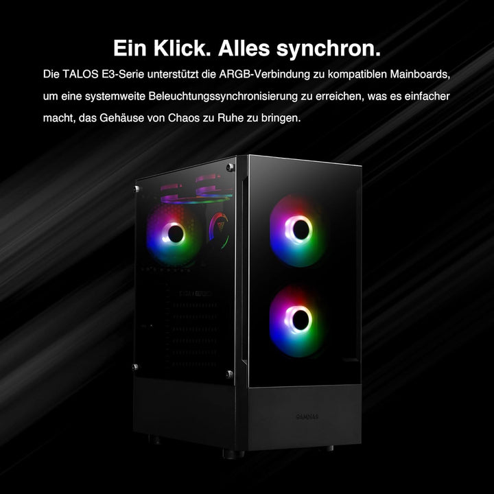 GAMDIAS ATX Mid-Tower Gaming-PC-Gehäuse, Enthält 3 x 120 mm ARGB-Lüfter, High Airflow Mesh Front, Ge
