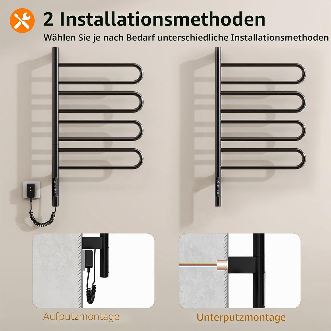 Handtuchheizkörper Elektrisch, 430×780mm, 130W, 180° Drehung Badheizkörper Elektrisch, Schwarz Handt
