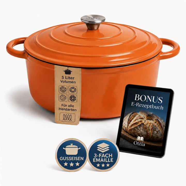Ottia Gusseisen Topf [inkl. eBook] – Emaille Topf 26cm - Dutch Oven, Brotbackform, Brotbacktopf, Sch
