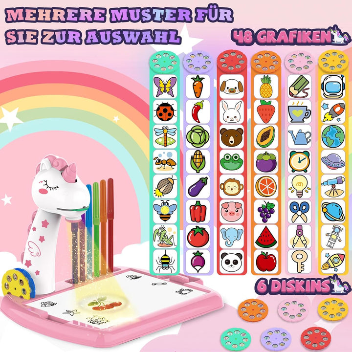 Zeichenprojektor für Kinder, Projektion Zeichentafel Kind 48 Stück Malprojektor Kinder Set mit 48 Mo