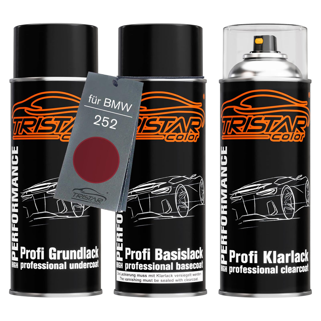 TRISTARcolor Autolack Spraydosen Set für BMW 252 Calypsorot Metallic Grundlack Basislack Klarlack Sp