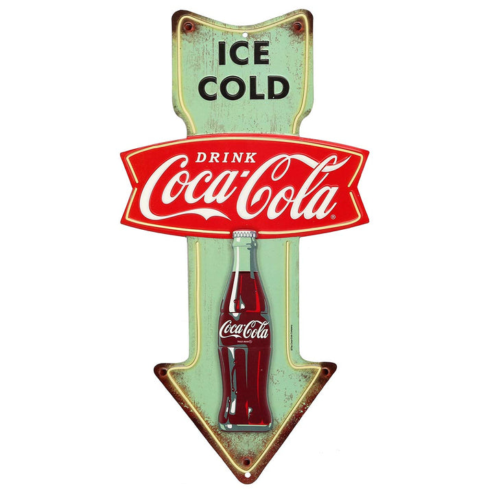 Open Road Brands Eiskaltes Coca-Cola geprägtes Blech-Pfeilschild – ein offizielles Lizenzprodukt von