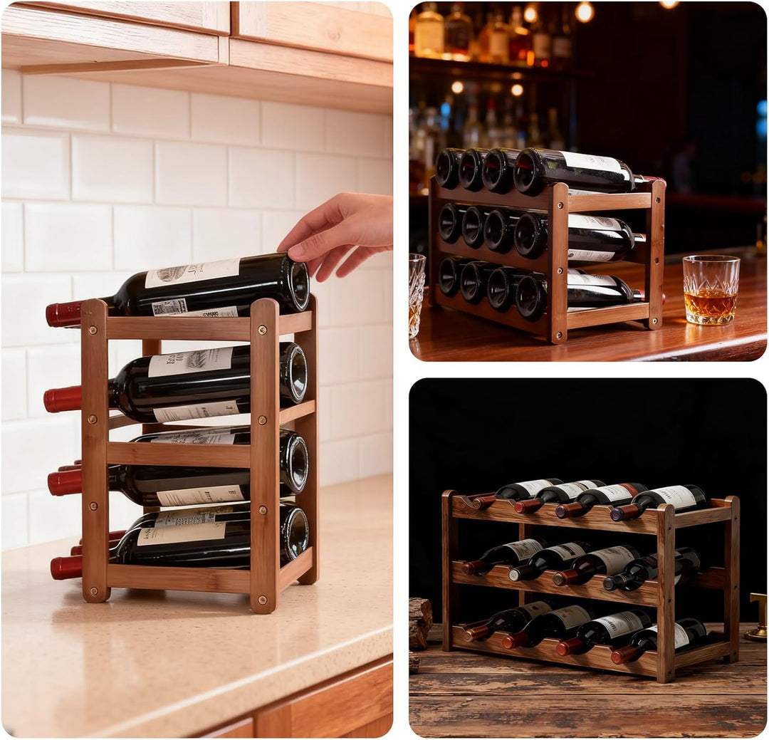 Dreistufiges Weinregal Holz,Flaschenregal,Stapelbares Flaschenregal für 12 Flaschen, Dunkle Oberfläc