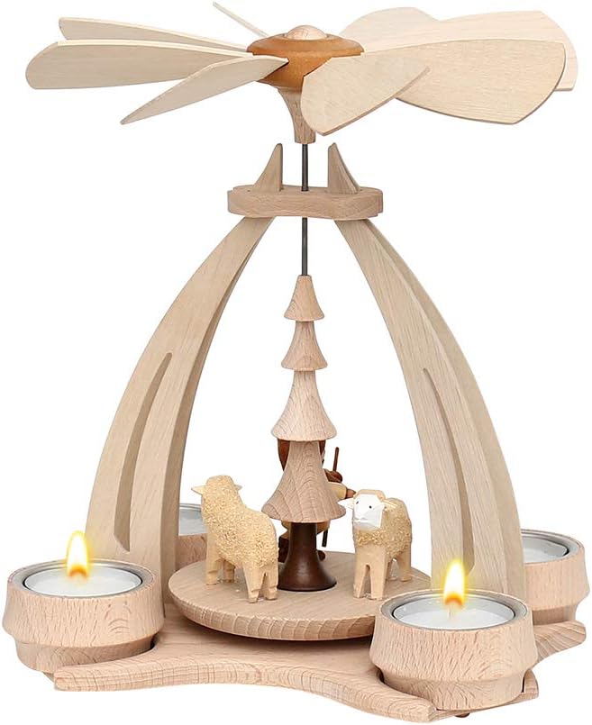 Dekohelden24 Tisch-Pyramide aus Buchenholz mit Schafe und Schäfer, für 4 Teelichte geeignet, L/B/H c