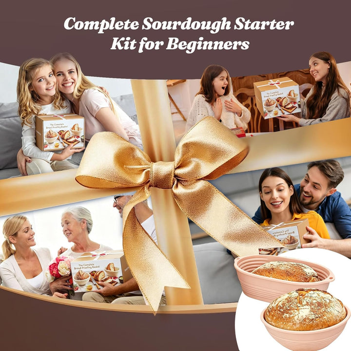 24 Stück Sauerteig Starter Set,Klappbare Brotbackset mit 23cm Rund,25cm Oval Silikon Gärkörbchen,Bro